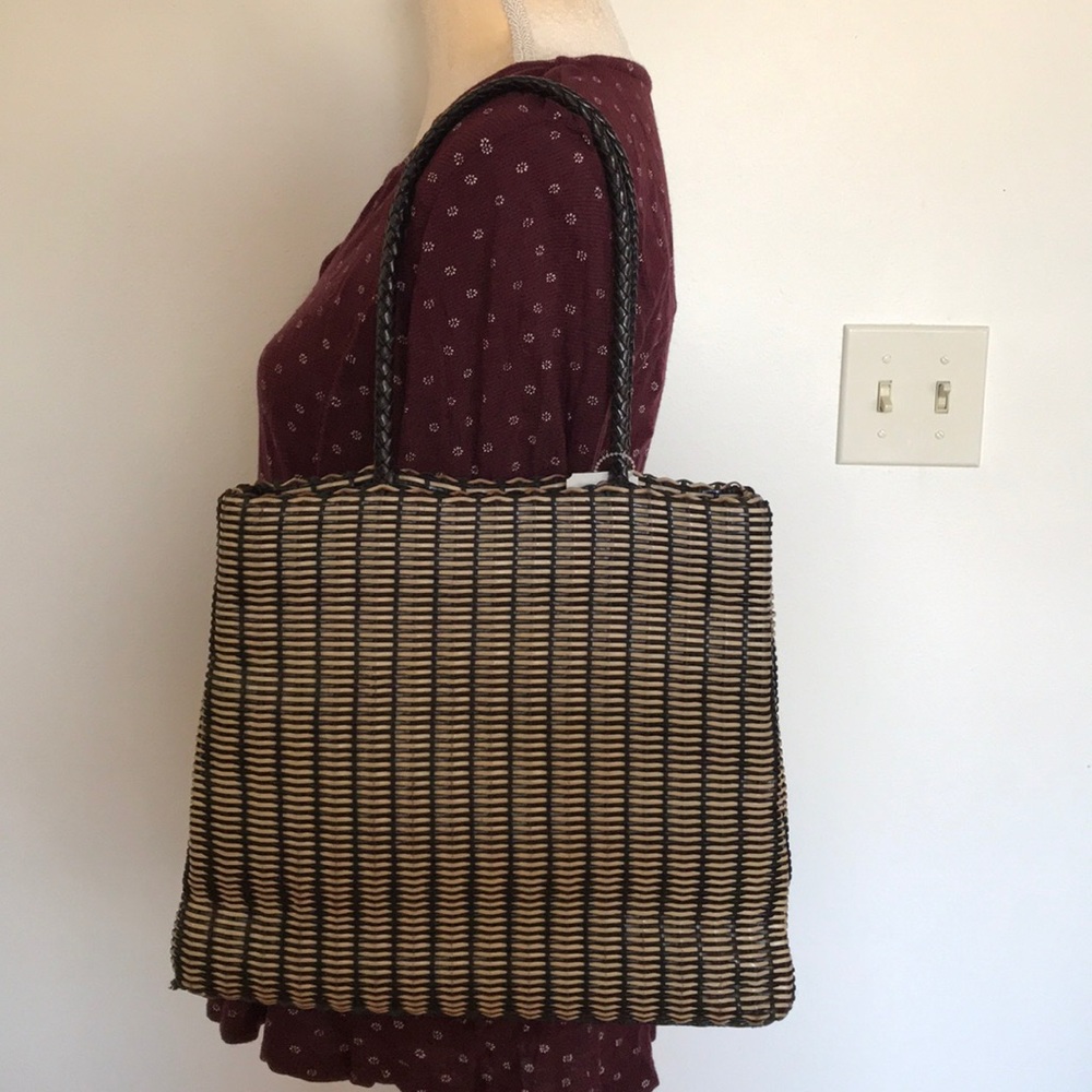 Falor Italian Weave Tote Leather Black and beige